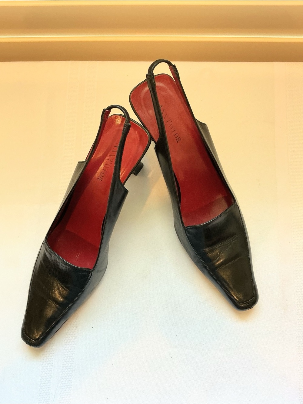 Vintage Ann Taylor, Black Leather Square Toe Slingback Heels, Italy Size 8M